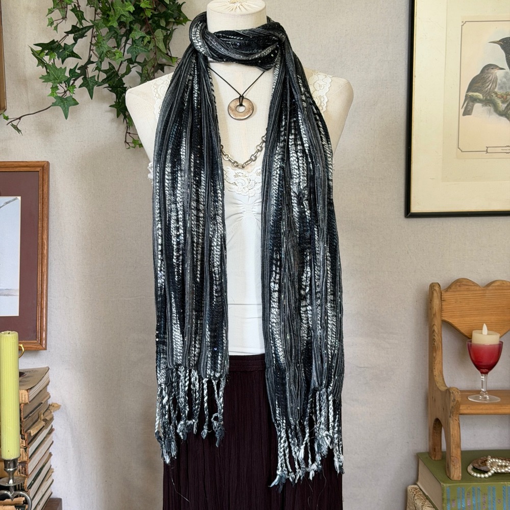 Black Sequin Fringe Scarf Boho Y2K Sparkly Metallic Indie Sleaze Whimsygoth